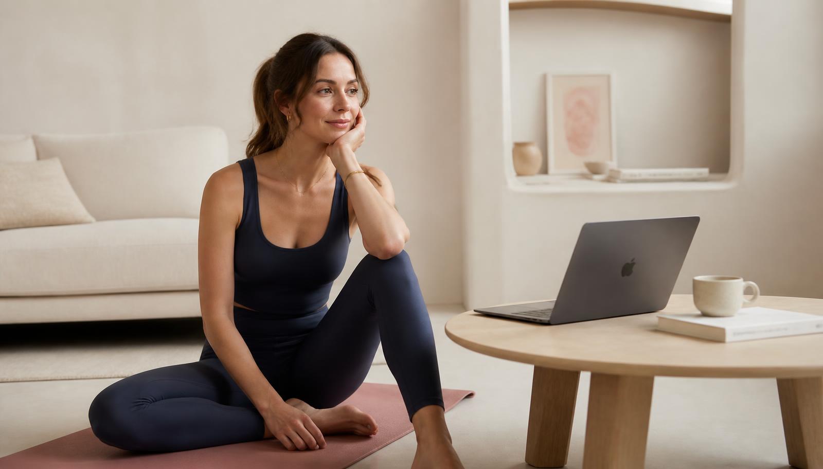 Woman in navy activewear sitting calmly on a yoga mat at home next to a laptop, ready for a live online class